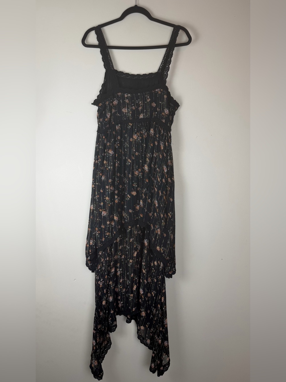 ZARA Tiered Chiffon Embroidered Floral Lace Metallic Stripe Black Dress Small - Picture 3 of 7